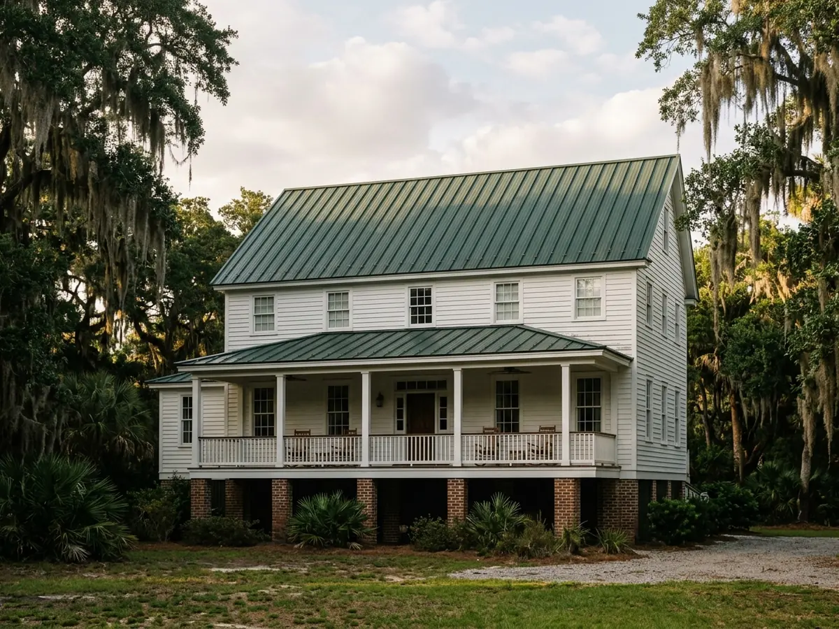 Raised farmhouse with a dark green painted 5V crimp metal roof and a long front porch under live oaks