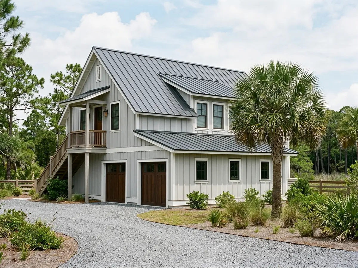 Detached two-storey garage with guest quarters above, roofed in charcoal 5V crimp panels beside a palmetto