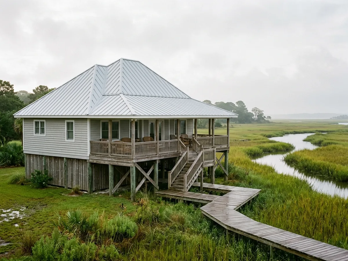 Raised house on pilings beside a salt marsh, with a light silver aluminum standing seam roof