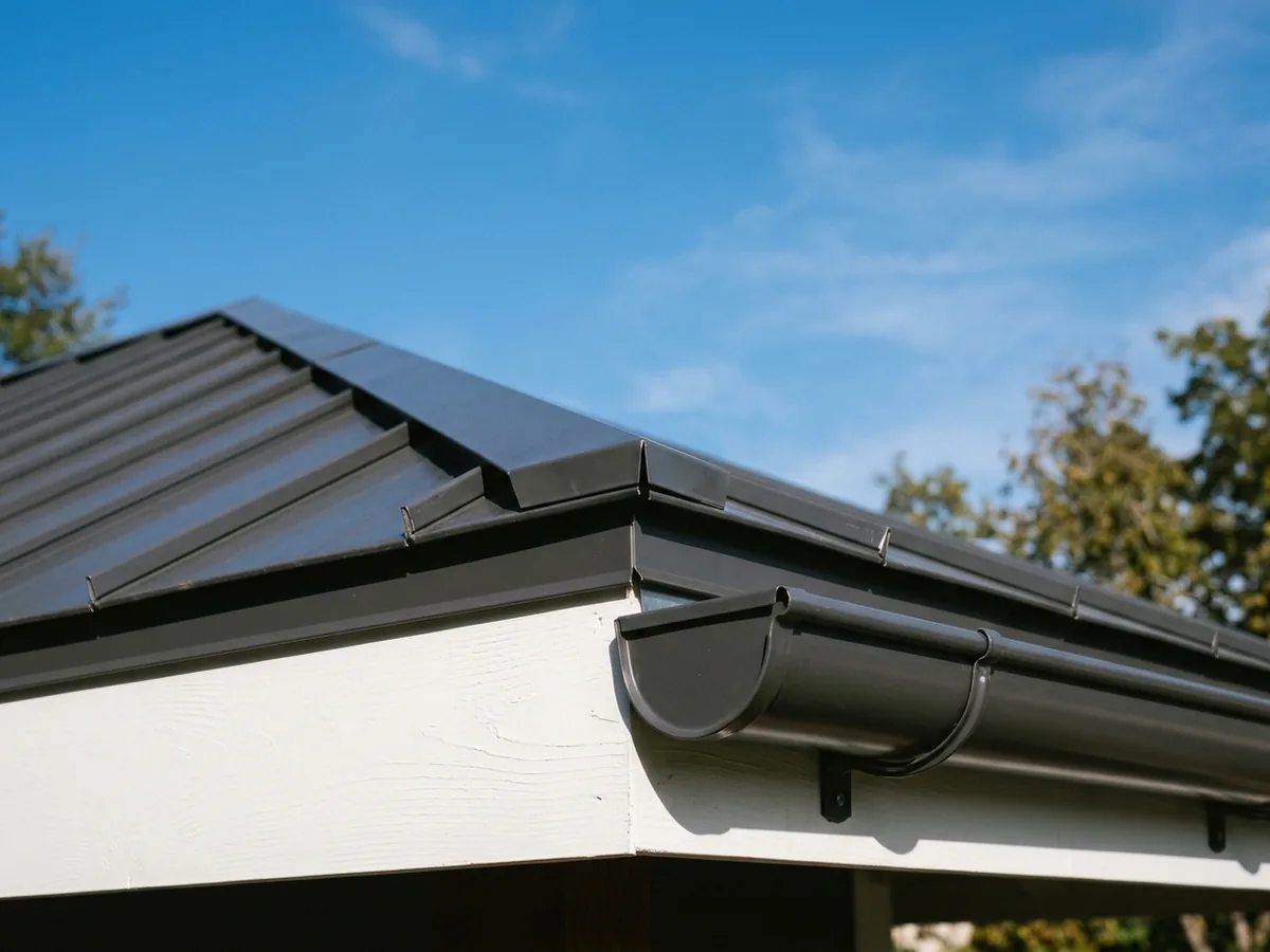 Close view of a charcoal painted aluminum standing seam roof edge with a crisp folded drip edge above a white-painted fascia