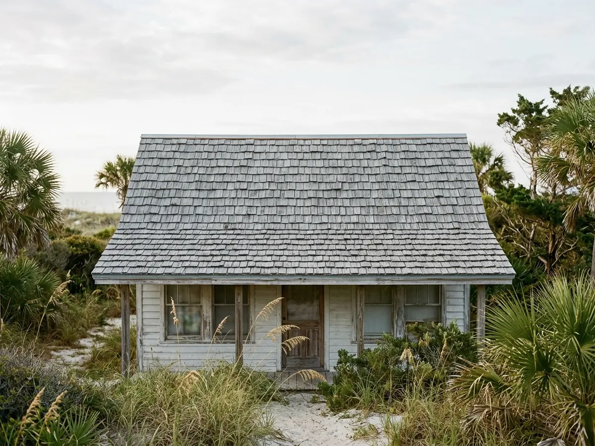 Coastal cottage with a weathered grey aluminum shingle roof shaped like cedar shakes, framed by palmettos