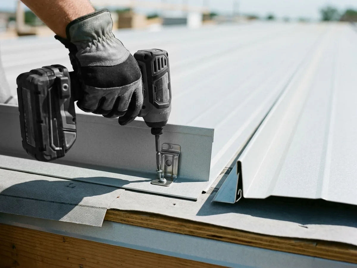 Gloved hand fastening a stainless clip to the leg of an aluminum standing seam panel on a light-colored roof
