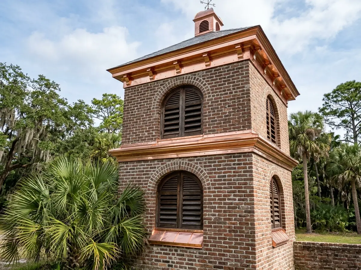 Square brick bell tower with wooden louvered openings, the sills and ledges covered in new soldered copper flashing
