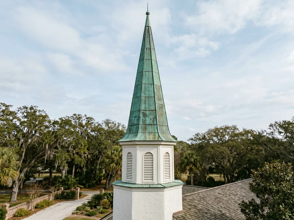 Tall church steeple clad in weathered green copper with a cupola and narrow louvered openings, above a white stucco tower