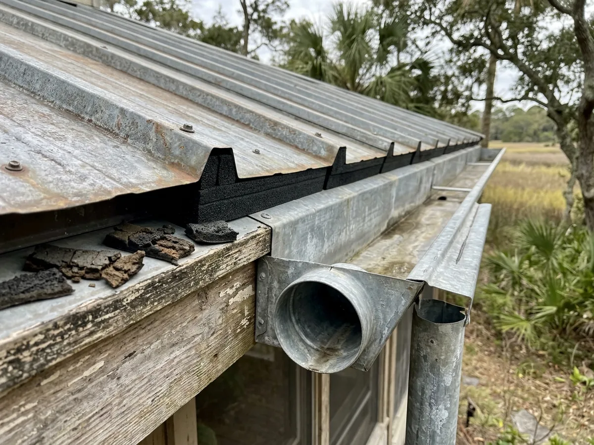 Eave of a metal building with a large box gutter, downspout outlet and foam closures under the panel ribs