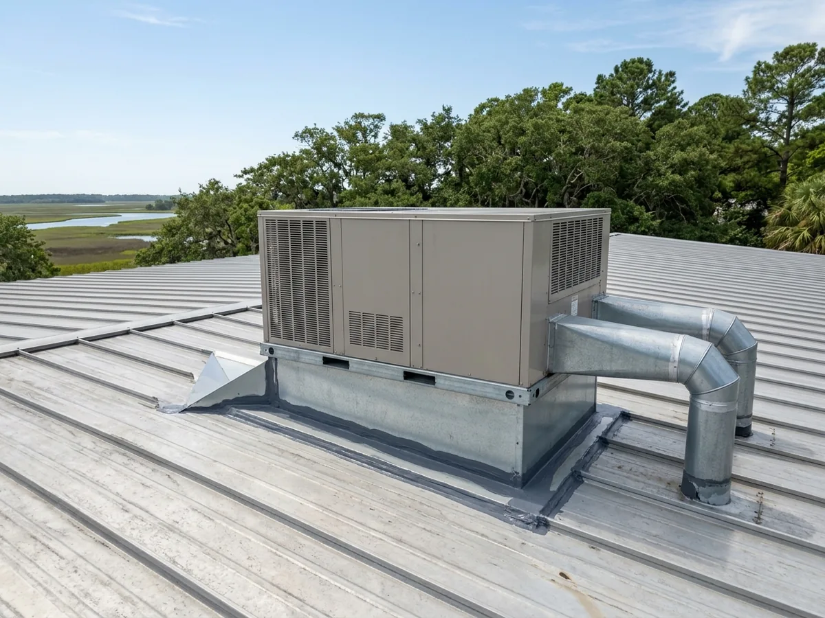 Rooftop HVAC unit on a curb in a ribbed metal roof, with a diverter cricket uphill and new sealant along the flashing