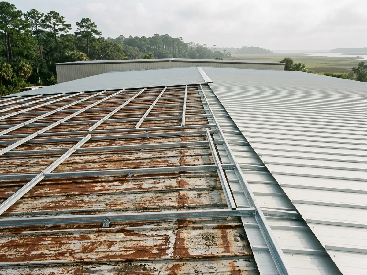 Old ribbed metal roof on a warehouse being covered with new light-colored standing seam panels on raised sub-framing
