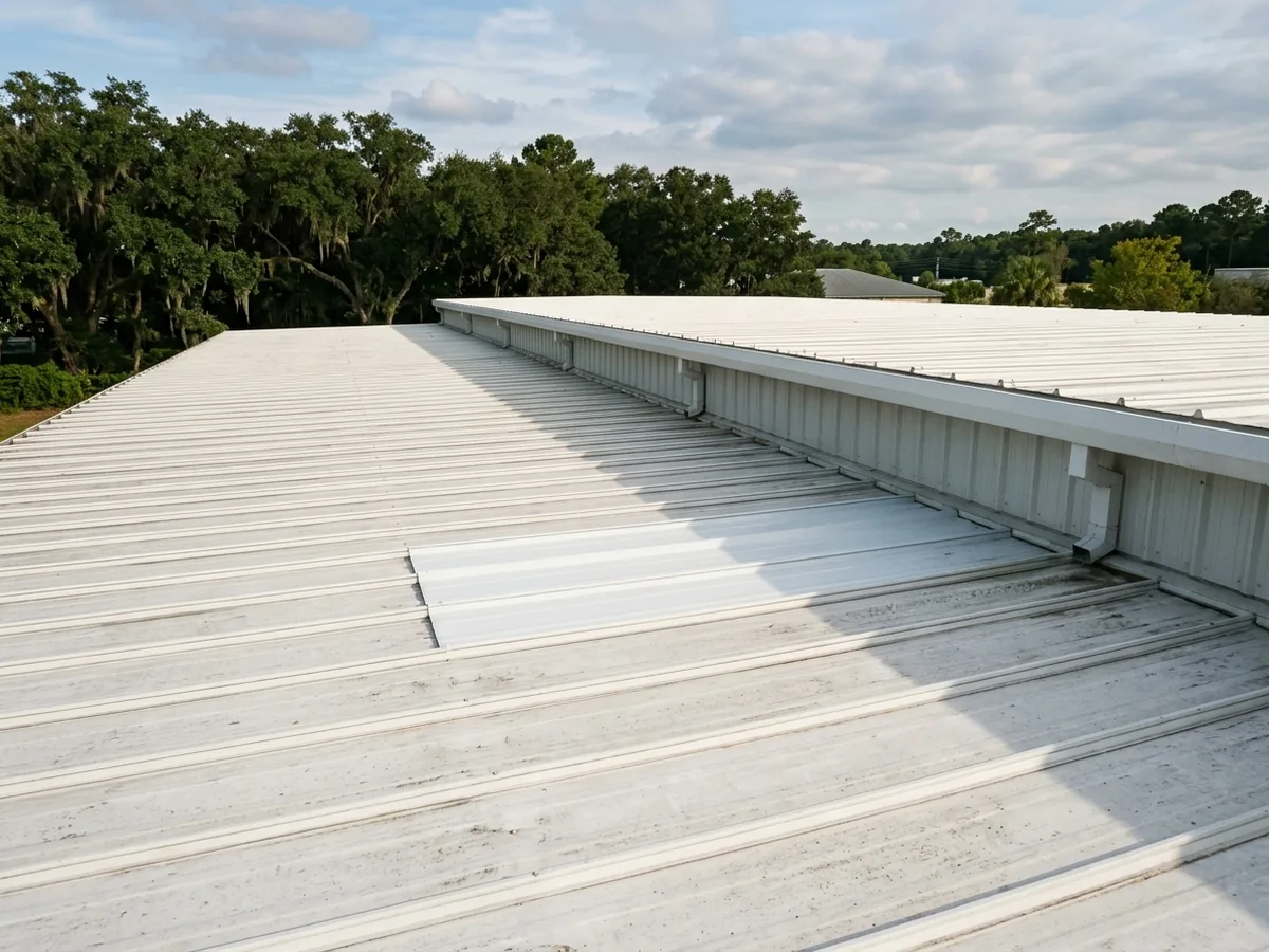 Long structural standing seam roof on a pre-engineered metal building, with seams running down a low slope to an eave gutter