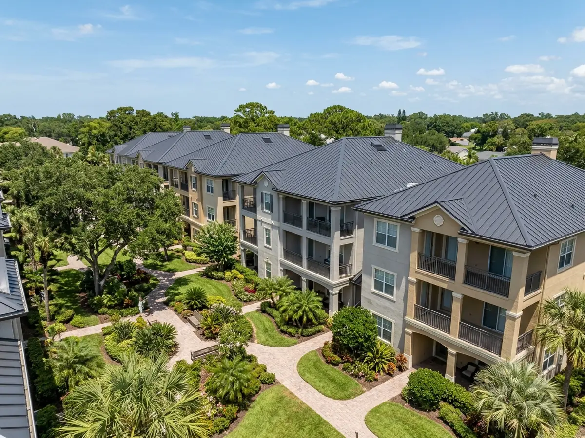 Row of three-storey condominium buildings with matching charcoal standing seam metal roofs around a landscaped courtyard