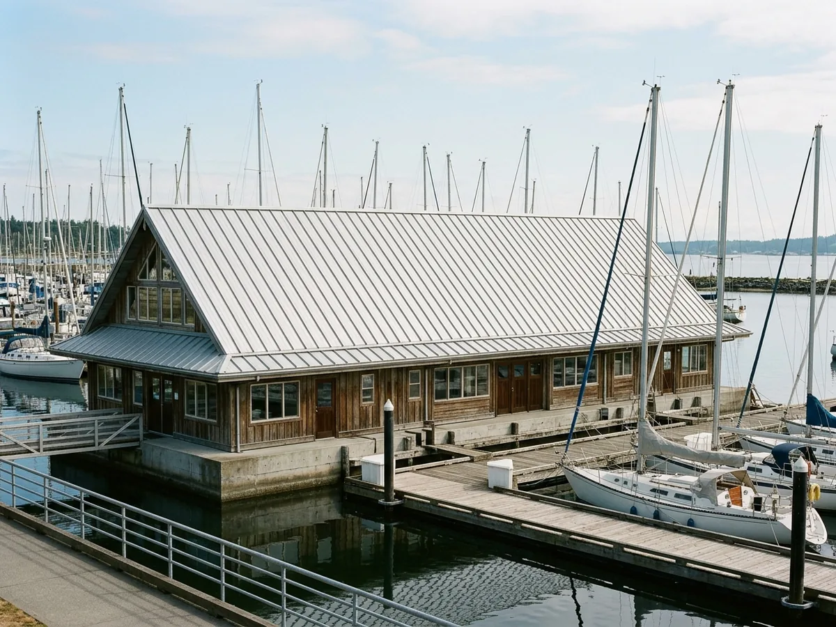 Marina building on the water with a silver aluminum standing seam roof, docks and sailboat masts behind