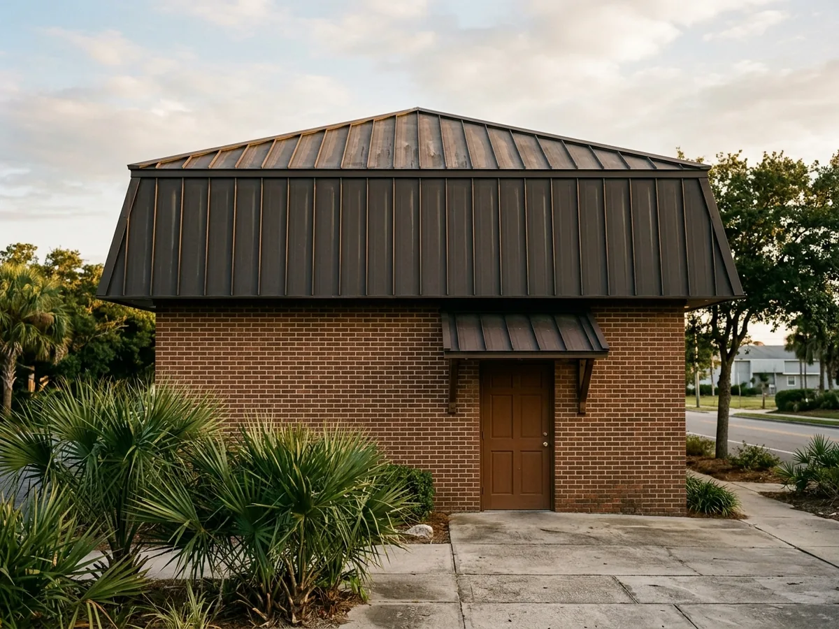 Single-storey restaurant with a dark bronze standing seam mansard and a matching metal awning over the entrance
