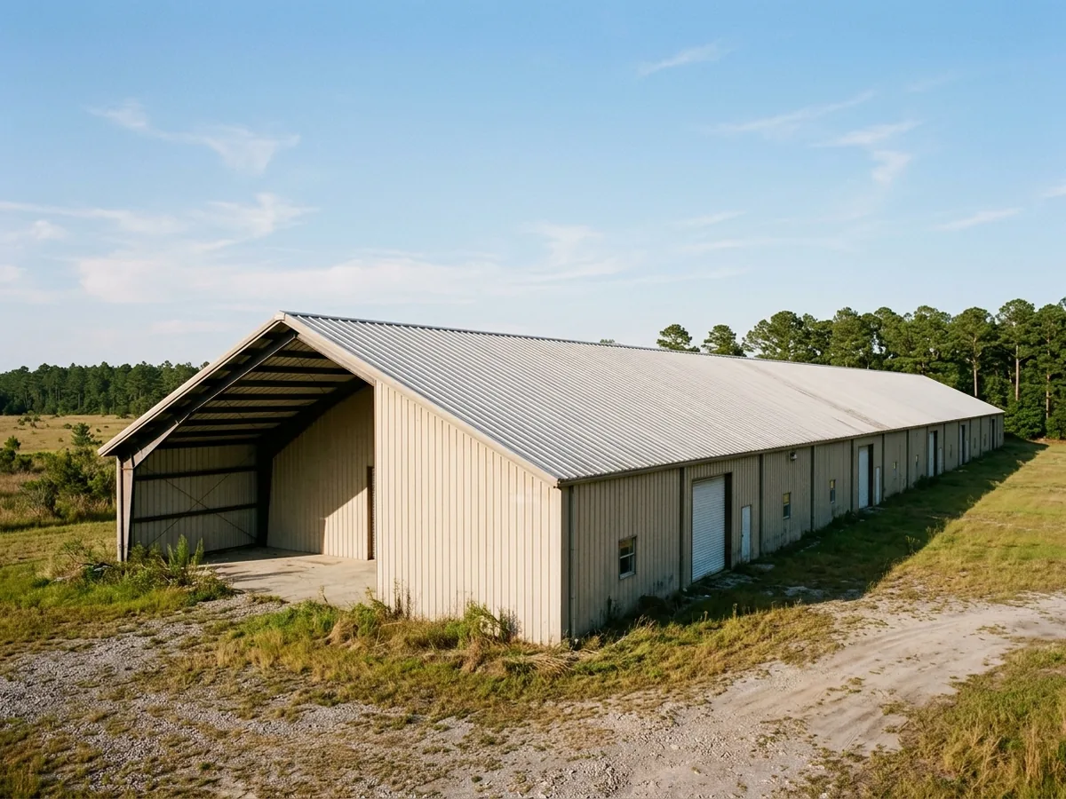 Long warehouse with a pale grey structural standing seam roof on a shallow slope, purlins visible at one open bay