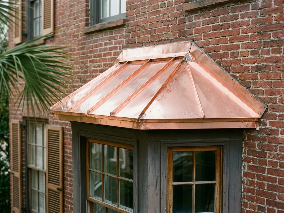 Brick townhouse with a projecting bay window topped by a small faceted copper roof and a soldered copper drip edge