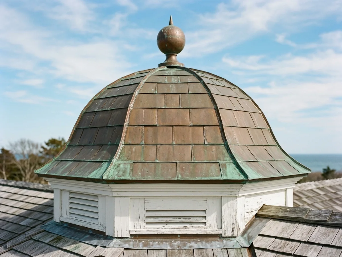 Small octagonal cupola with a flat-seam copper roof of small soldered rectangular sheets and a ball finial