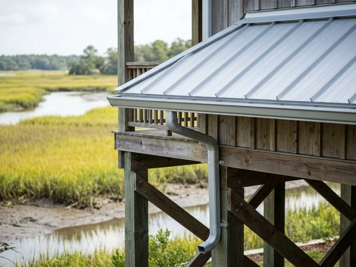 Seamless aluminum gutter in matching charcoal finish below the eave of a standing seam metal roof on a raised coastal house