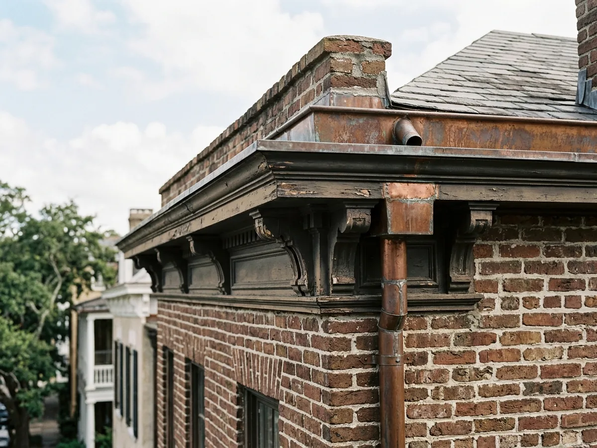 Built-in copper box gutter lining the cornice of an old brick house, with a soldered outlet to the downspout