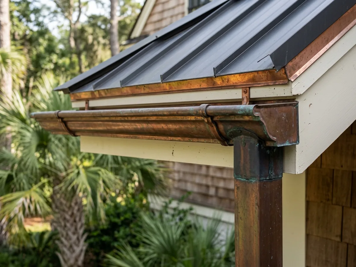 K-style copper gutter with an ogee face fixed along a fascia board below a dark standing seam roof