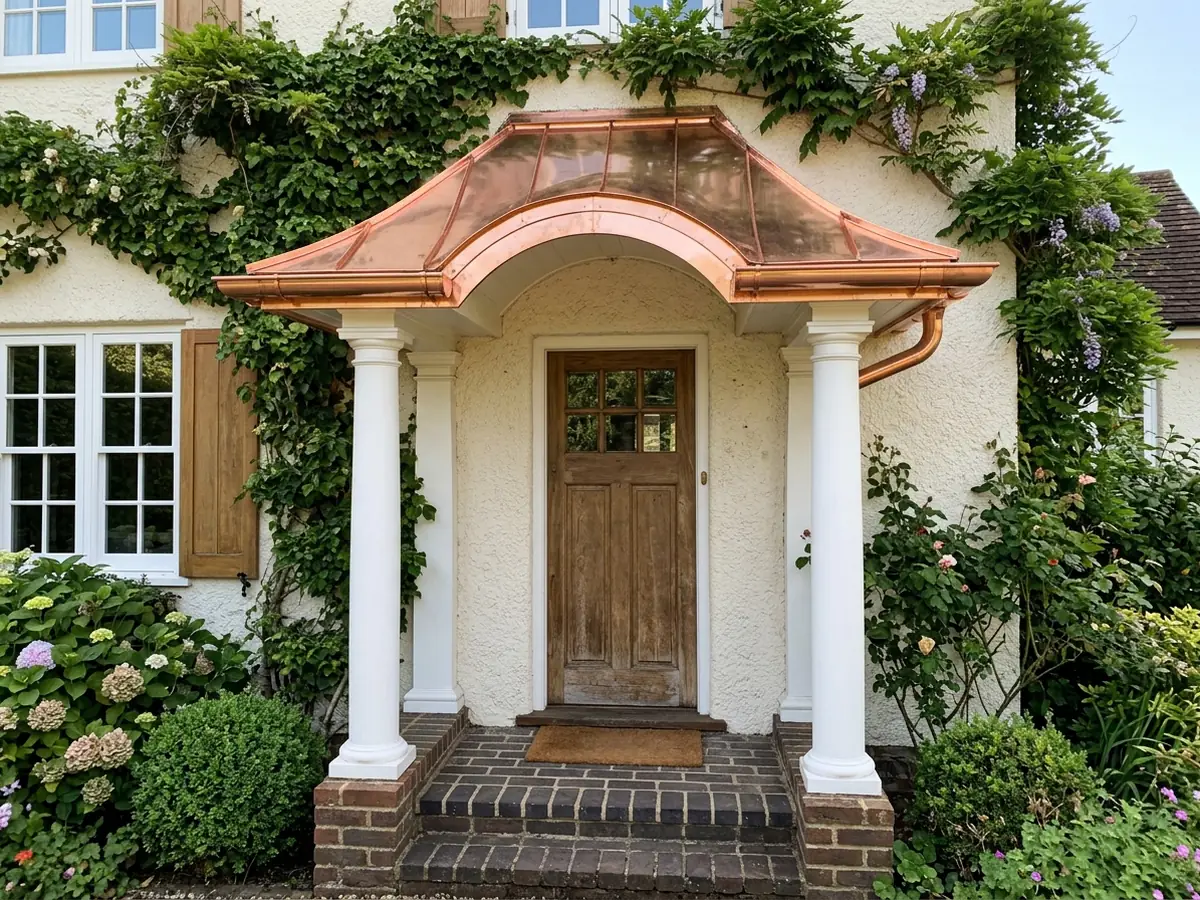 Classical front entry with white columns under a small curved copper portico roof with a fresh bright finish