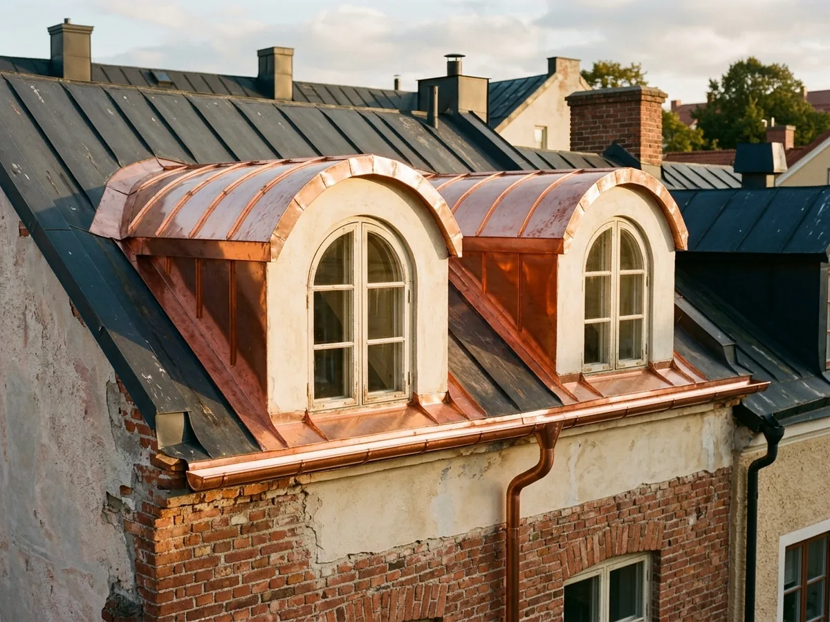 Two arched dormers on an old brick and stucco townhouse with new copper standing seam roofs and a half-round copper gutter