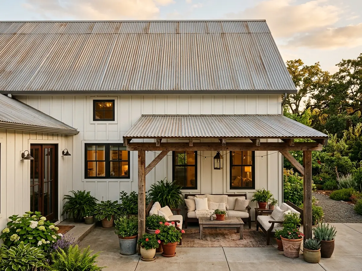 Modern farmhouse with a corrugated metal roof over a back patio and a matching corrugated porch roof