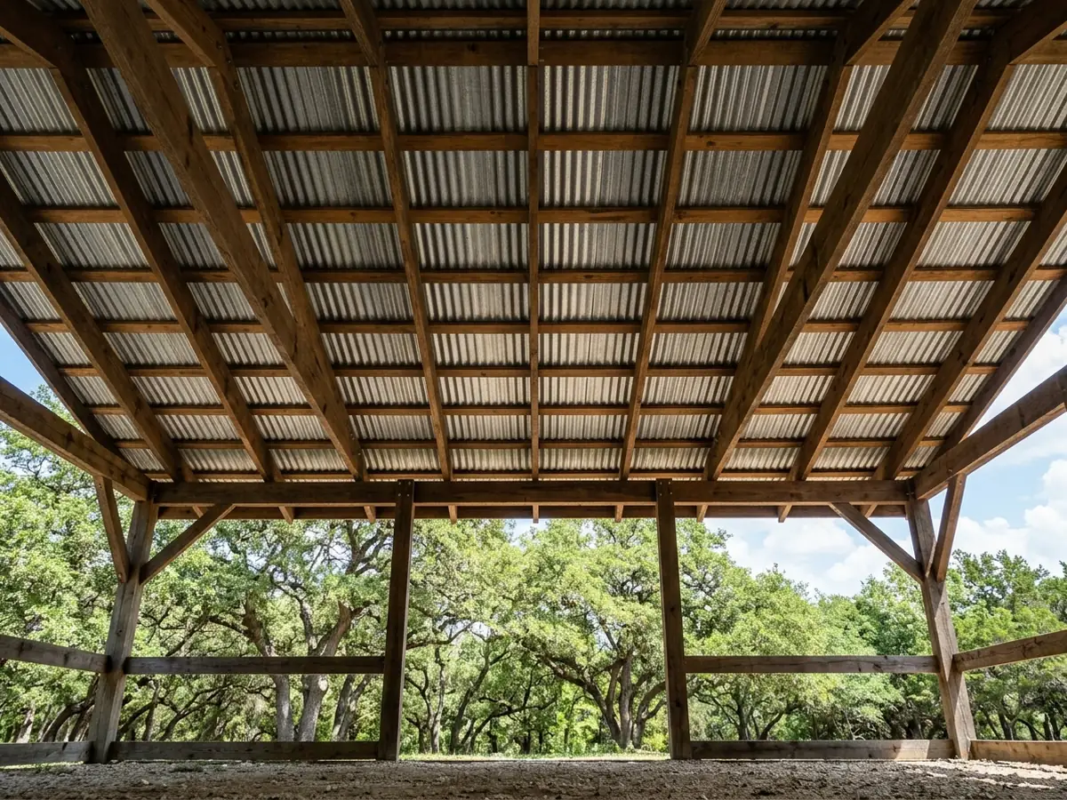 Open-sided pavilion with exposed wooden purlins supporting a corrugated metal roof, seen from below
