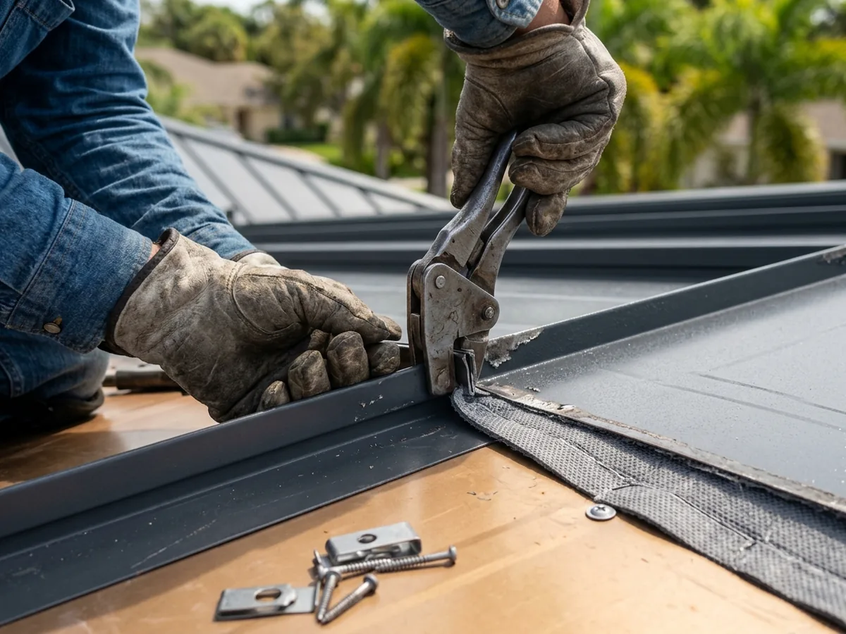 Gloved hands closing the seam between two dark grey standing seam steel panels with a hand seaming tool