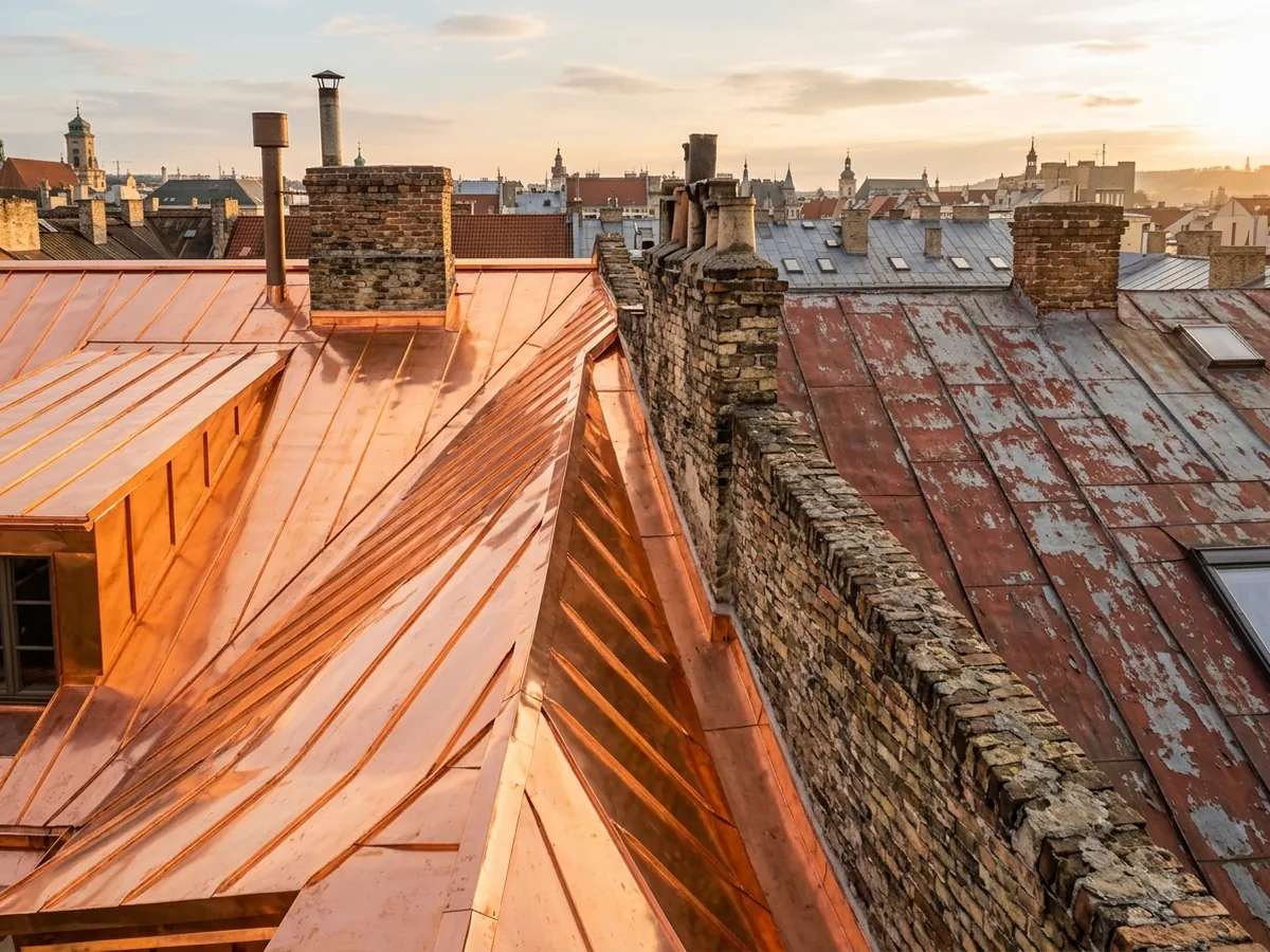 Historic house with a new copper standing seam roof beside a neighboring roof of old painted terne