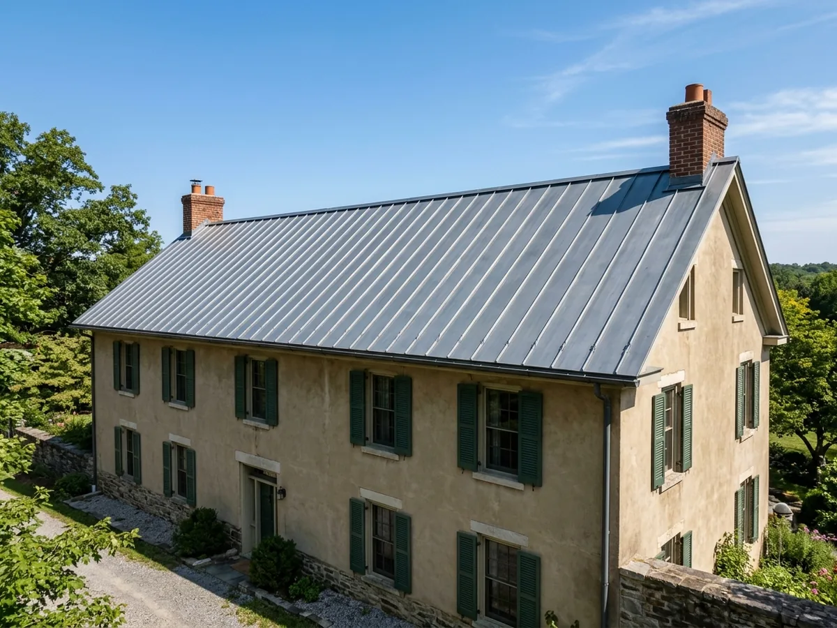 Long roof of new terne-coated standing seam metal with narrow hand-crimped seams on a historic stucco house