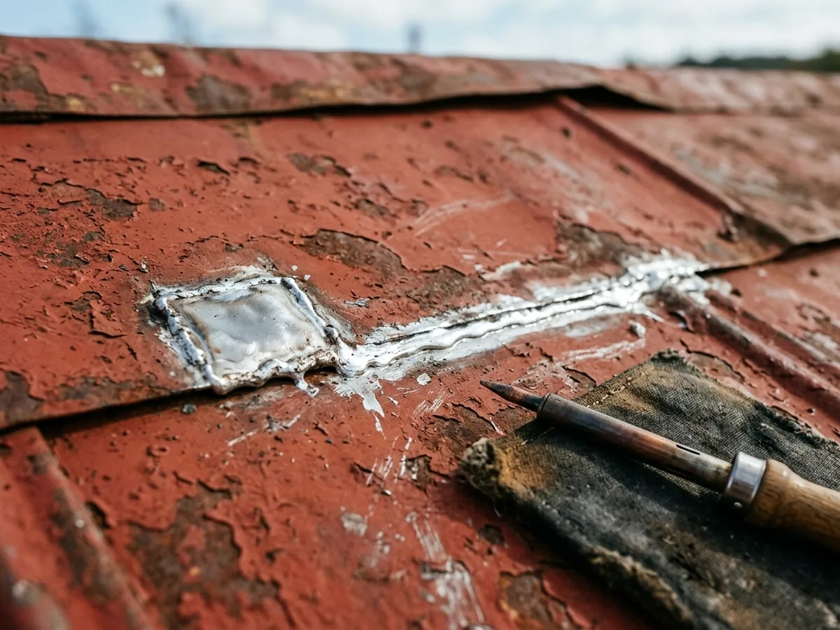 Close-up of a soldered seam on an old painted tin roof, with a fresh bright solder line and a small new metal patch