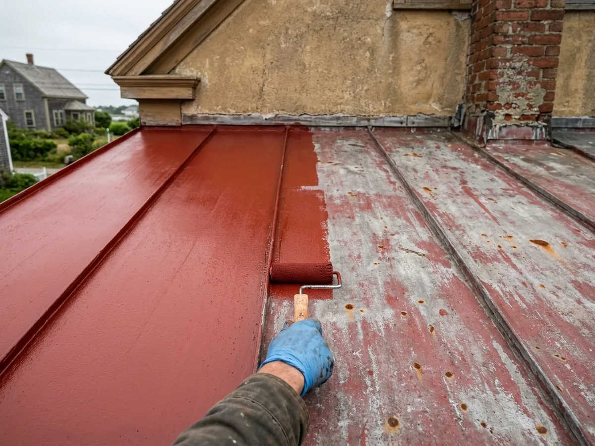 Gloved hand rolling deep red paint onto an old flat-seam terne metal roof, half the roof freshly painted and half faded