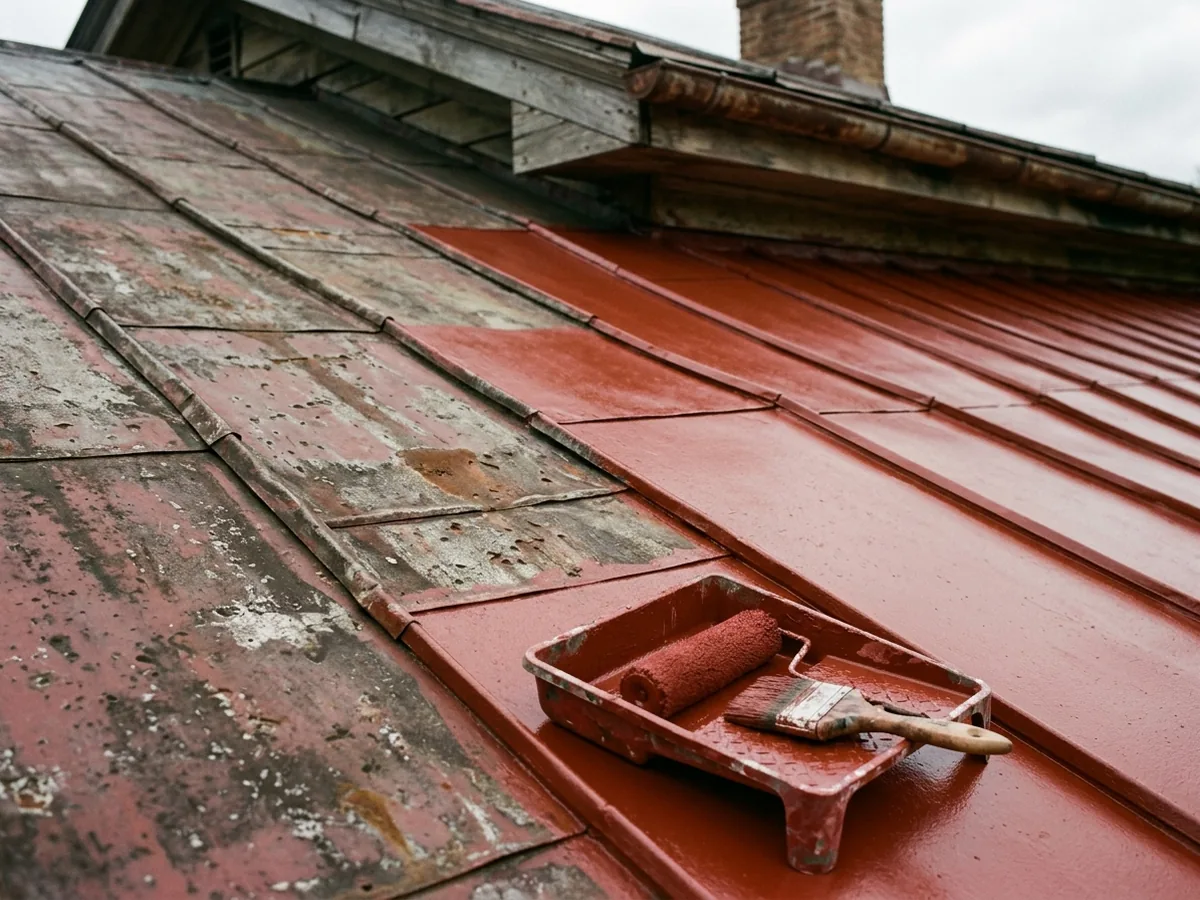 Old flat-locked terne metal roof half repainted deep red with a paint tray and brush resting on the panels