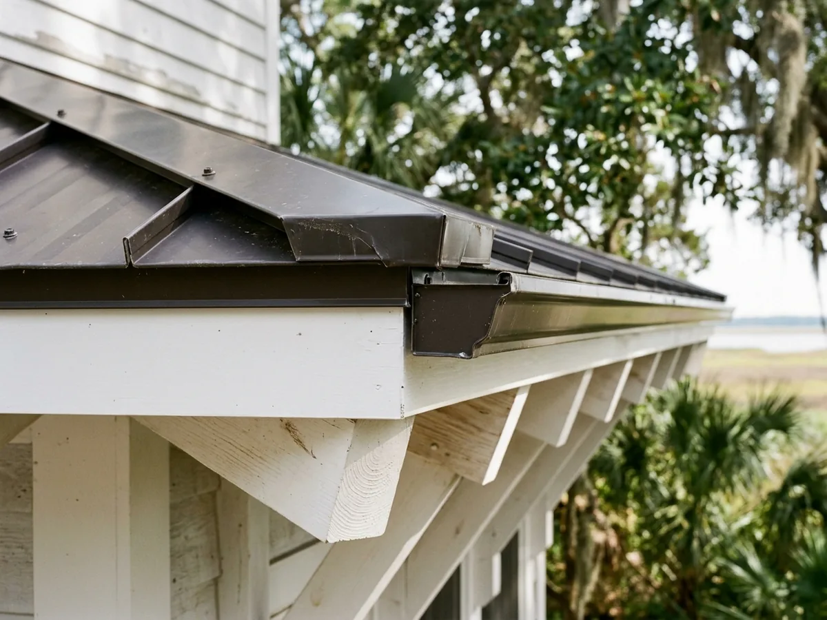 Close view of a metal roof eave where the panel end is hooked over a continuous cleat on the drip edge