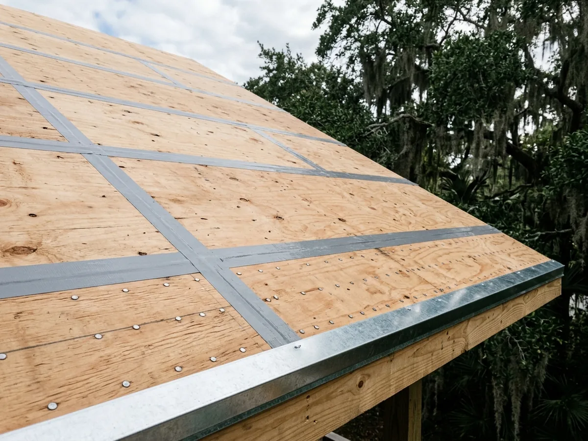 Bare plywood roof deck with self-adhered tape over every sheathing seam and fresh drip edge along the eave