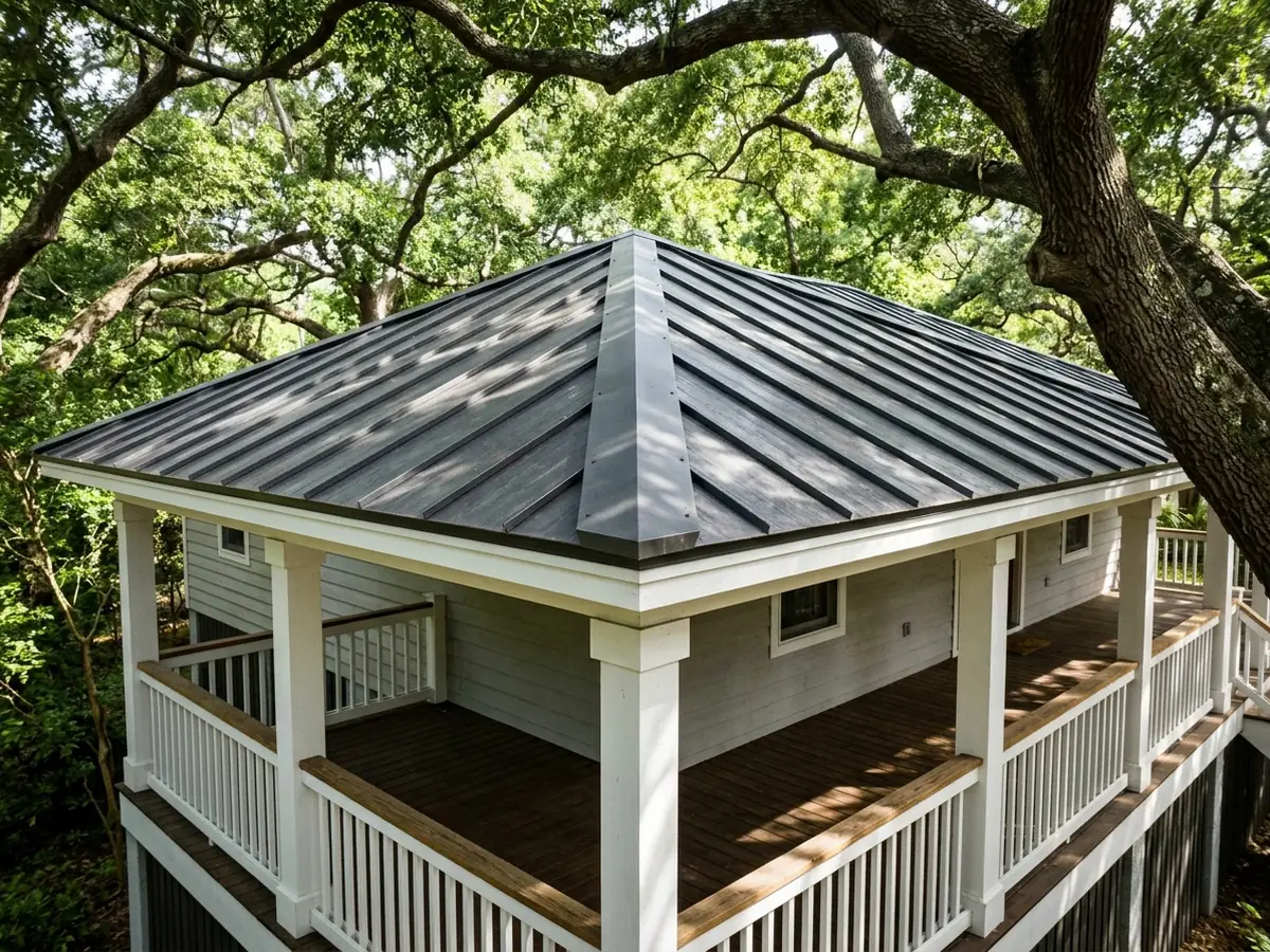 Raised house with a wraparound porch whose hipped corner roof is covered in charcoal metal panels meeting at a neat hip cap