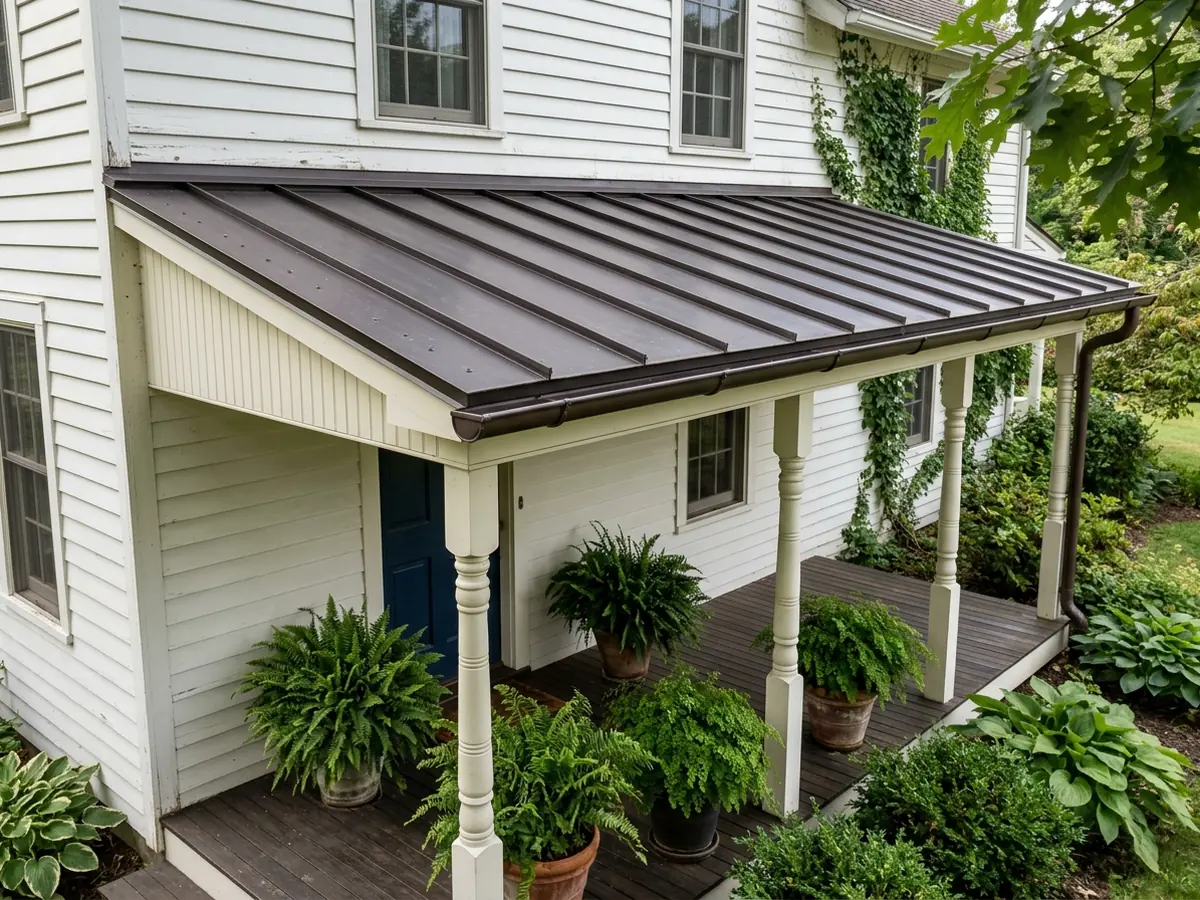 Front porch with a nearly flat shed roof of dark bronze standing seam metal sloping gently away from a white clapboard wall
