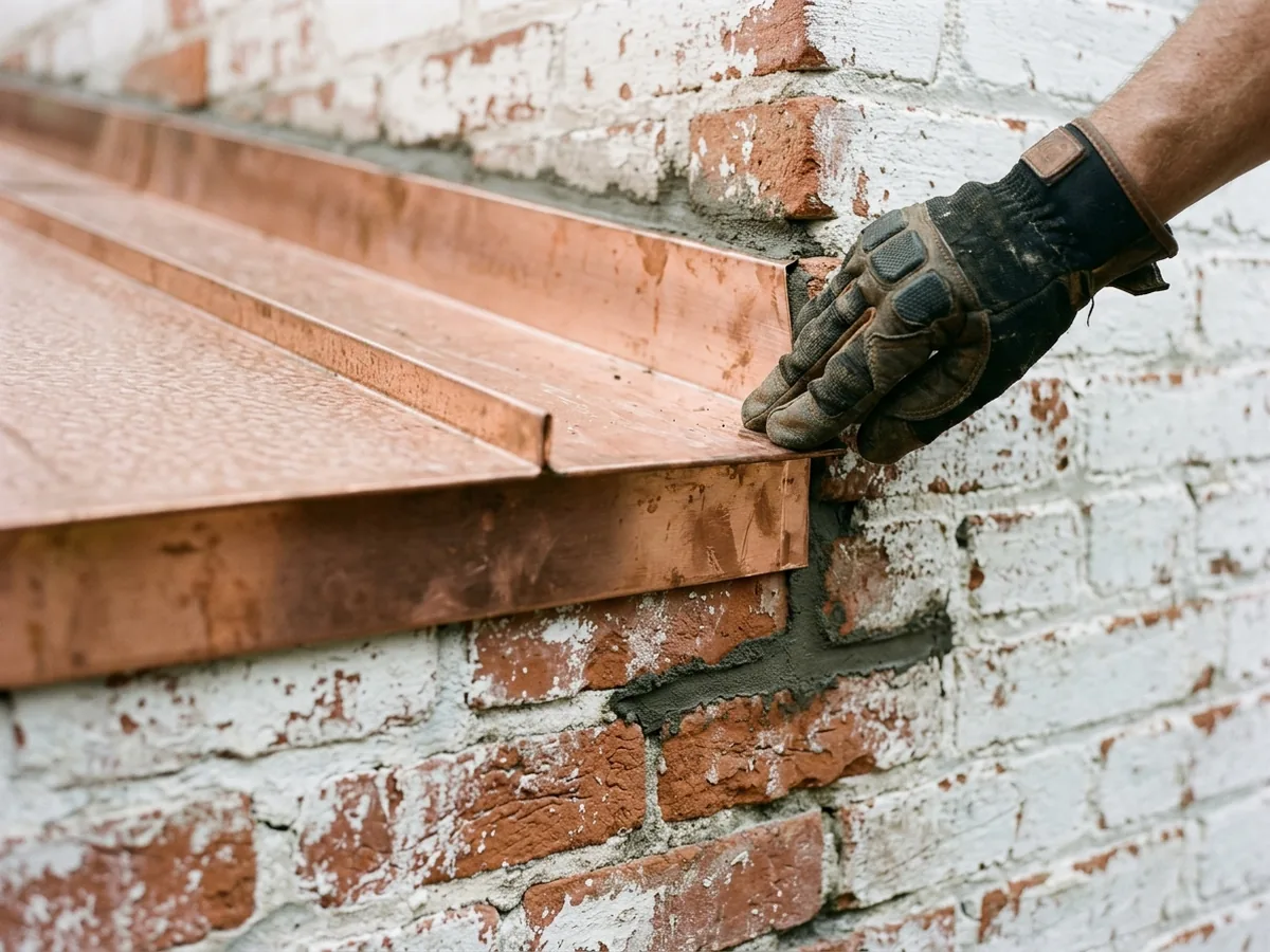 Joint where a metal porch roof meets a painted brick wall, with new flashing tucked into a mortar joint