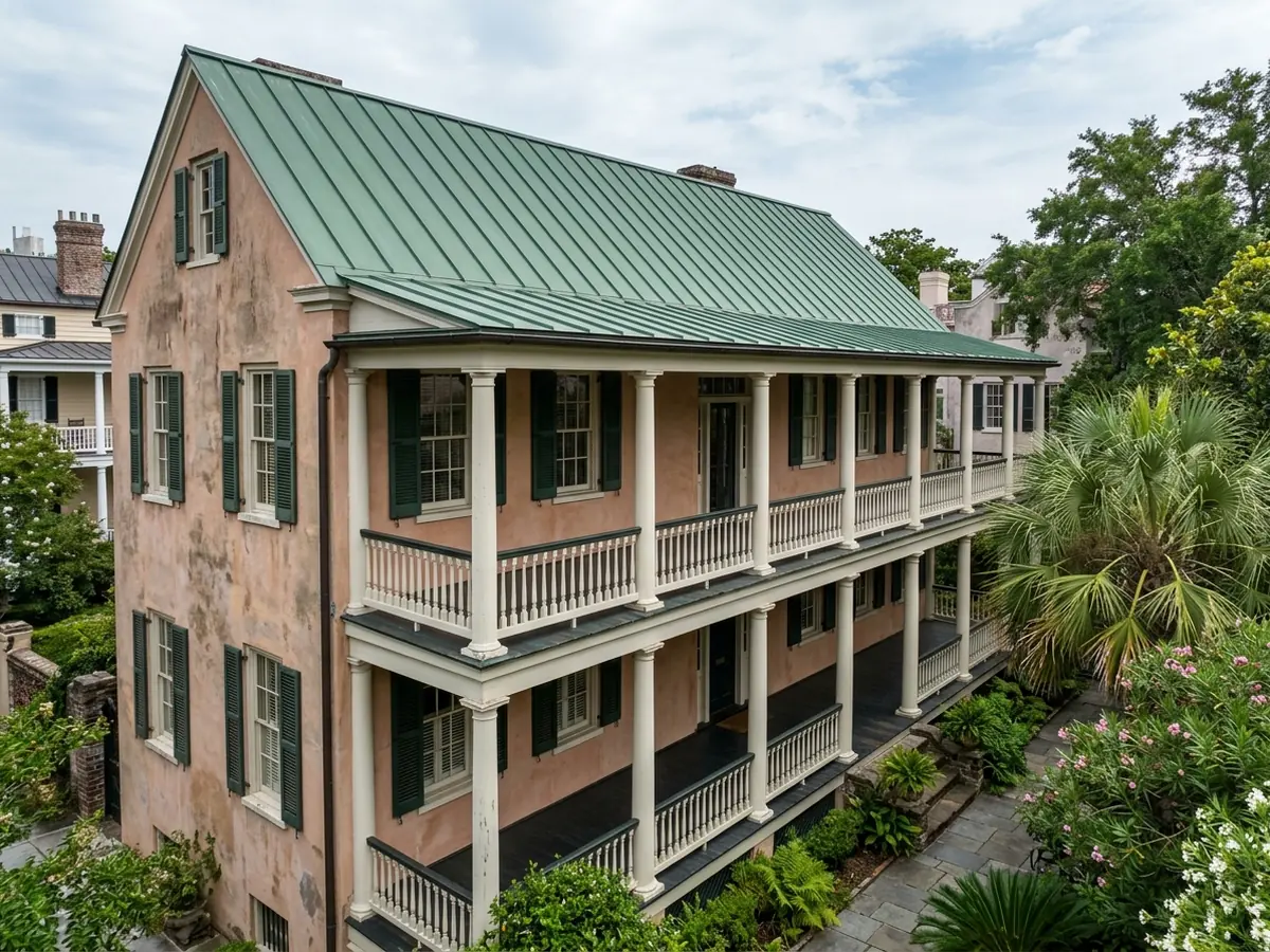 Side view of a tall narrow house with two levels of white-columned side piazzas under a green standing seam metal roof