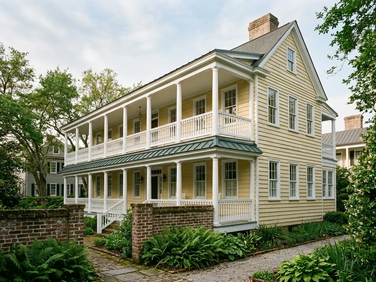 Side view of a historic house with stacked two-level porches whose low-slope roofs are covered in green standing seam metal