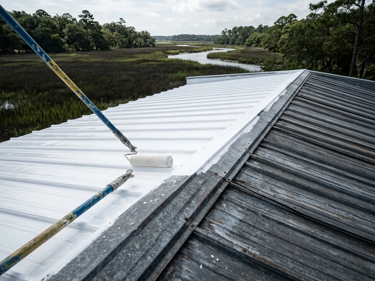 Low-slope ribbed metal roof half covered in bright white acrylic coating with a roller line across the panels