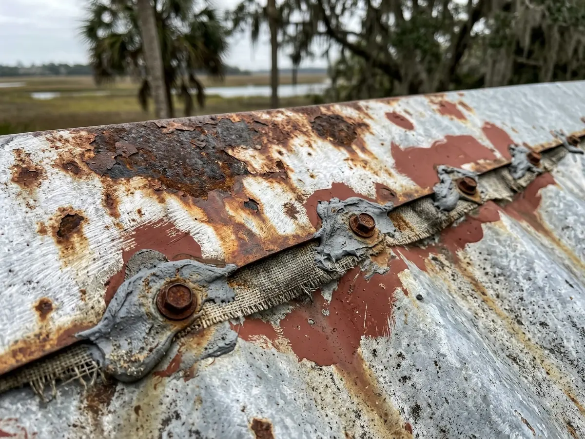 Wire-brushed rust patches on a steel roof panel spotted with red-brown primer next to sealed screw heads
