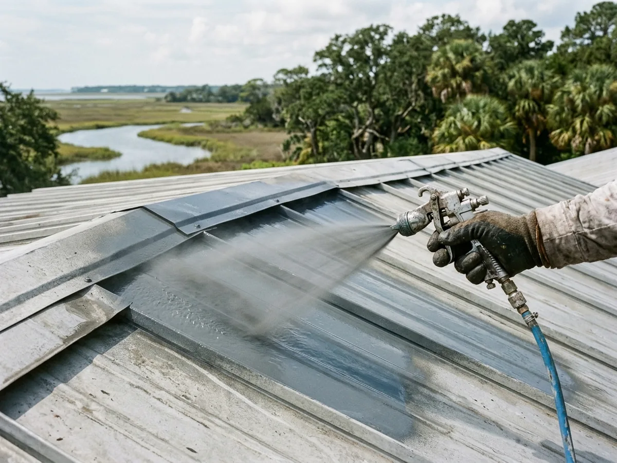 Grey silicone coating being sprayed across a commercial metal roof with fresh coating glistening on the panels