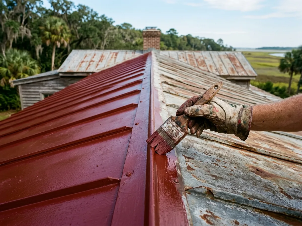 Hand with a brush applying deep red paint along a flat-locked seam on an old terne metal roof