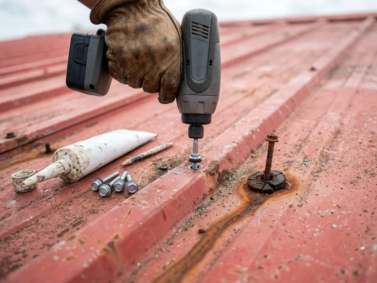 Gloved hand driving a new gasketed screw beside a rusted screw with a cracked washer on a faded red metal roof