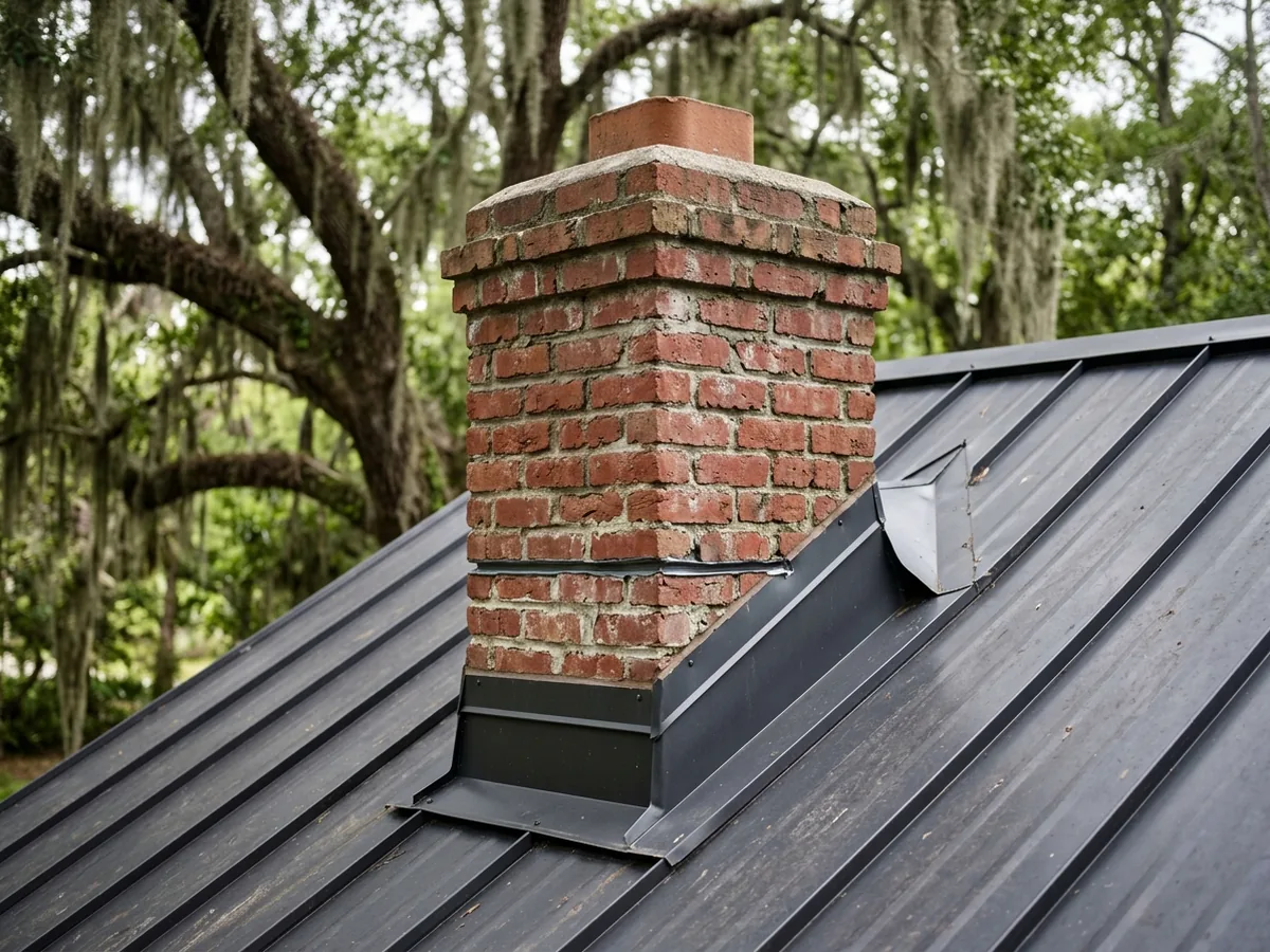 Brick chimney on a dark grey standing seam roof, with counterflashing let into the mortar and a small cricket behind it