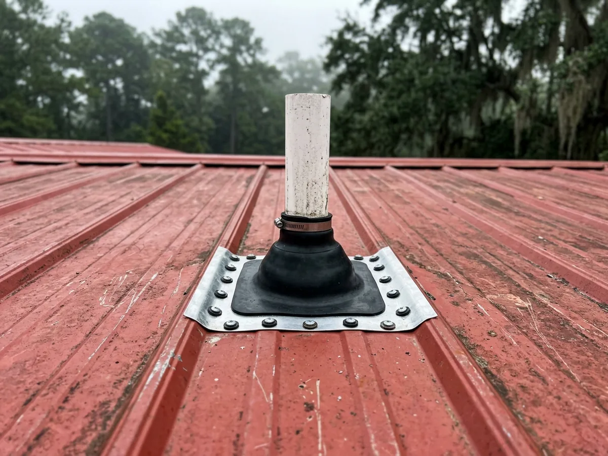 Close view of a flexible pipe boot sealed around a plumbing vent on a red metal panel roof, its base formed to the panel ribs