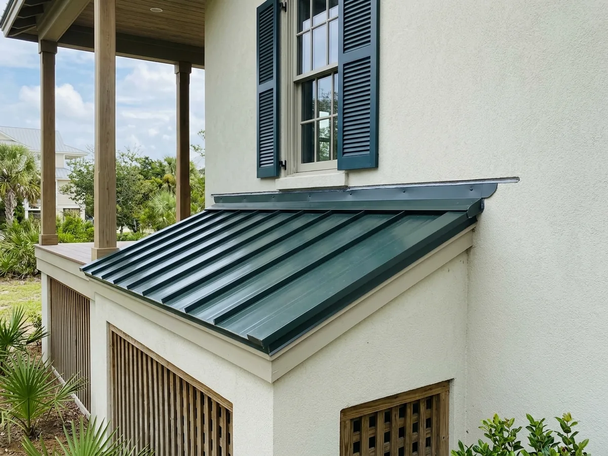 Low-slope metal porch roof meeting a stucco wall below a window, with endwall flashing and counterflashing along the joint