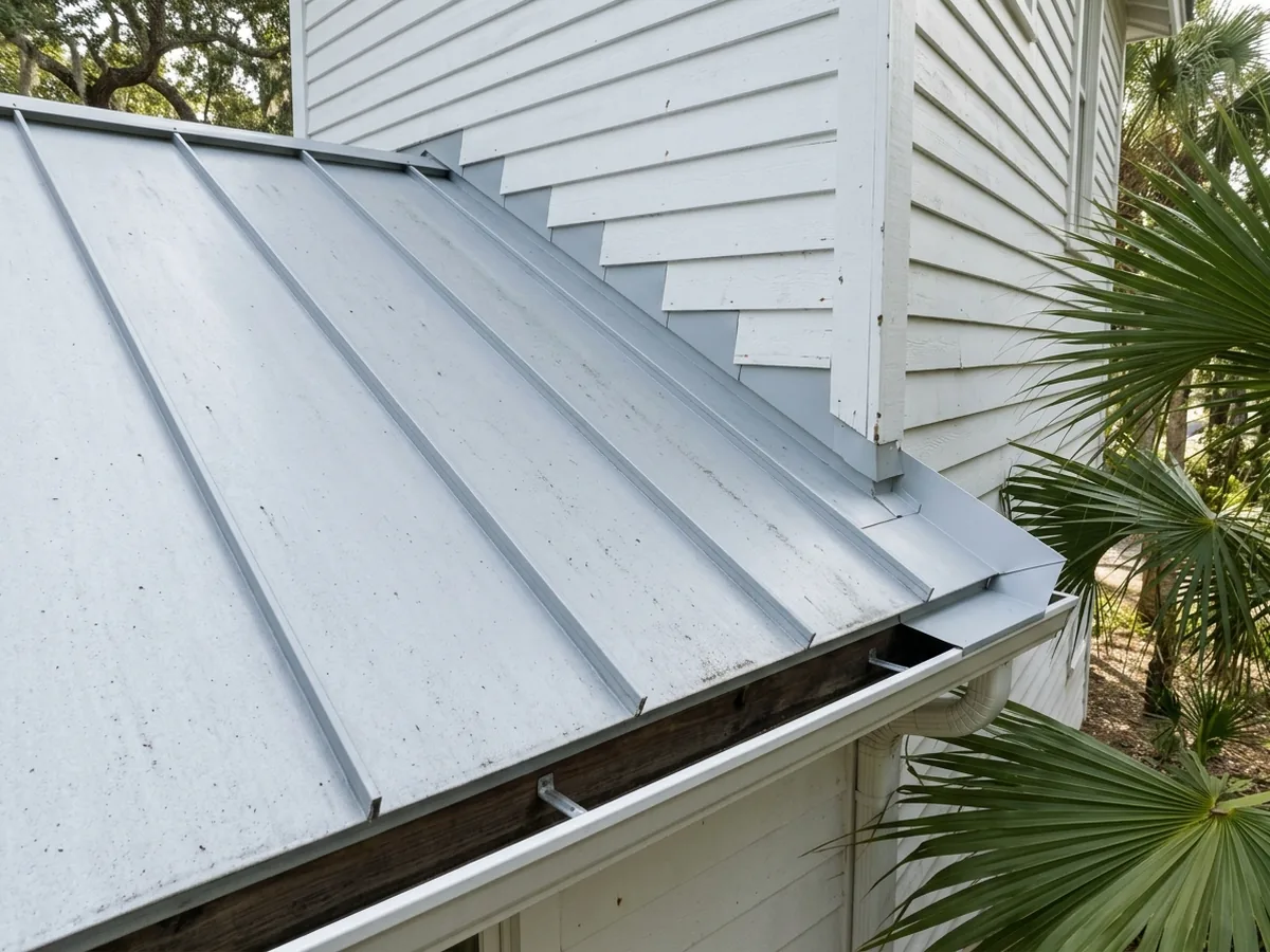 Roof edge meeting a clapboard wall, with a metal kickout at the eave turning water away from the siding into the gutter