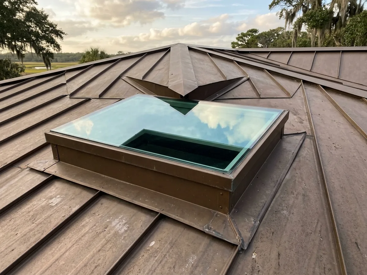 Low-profile skylight on a standing seam roof with a metal curb flashing kit and a diverter wrapped around its uphill side