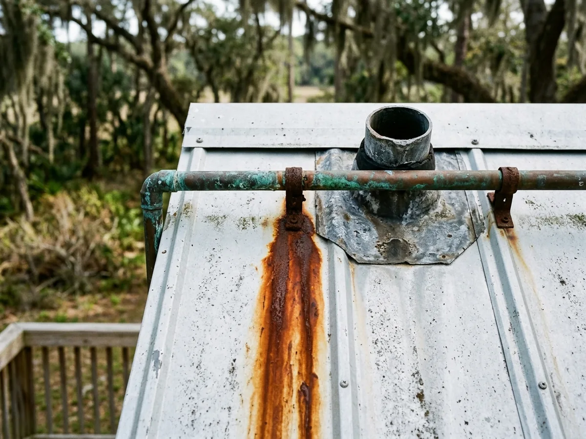 Rust streak on a light grey metal roof below a copper pipe and an old lead plumbing vent flashing