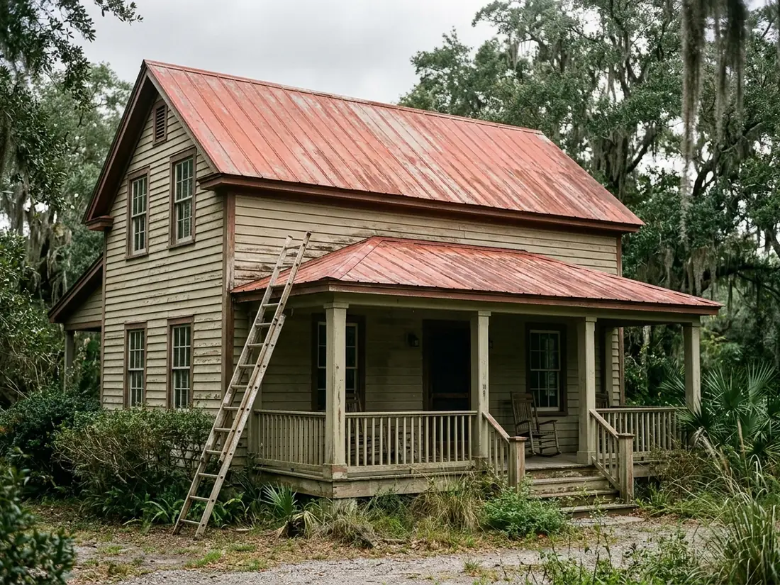 Two-storey house with a faded red metal roof and a ladder against the porch during a roof check